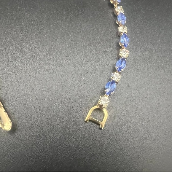 Vintage Gold Plated Tennis Bracelet – Blue & Clear Rhinestones, 7.5” - Picture 11 of 14